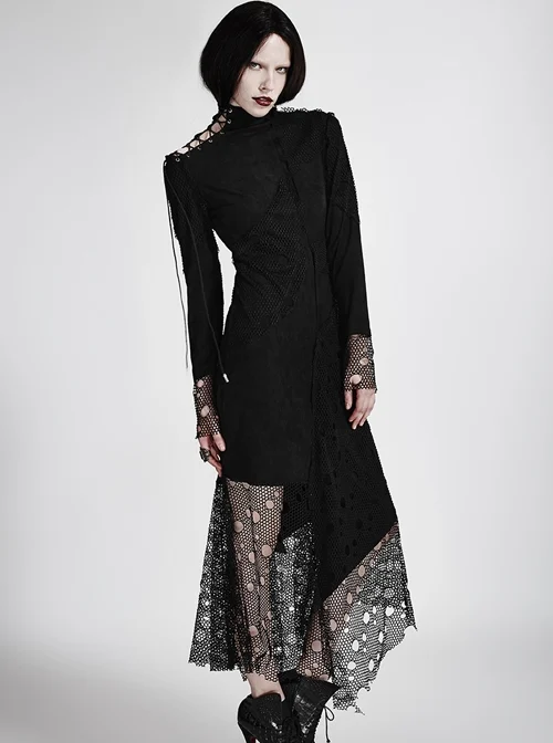 Gothic Black High Collar Asymmetric Punk Mesh Stitching Long Sleeve Dress