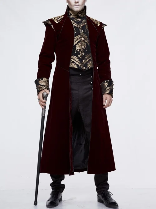 Gothic Black Jacquard Gold Faded Buttons Wine Red Fleece Men Long Coat