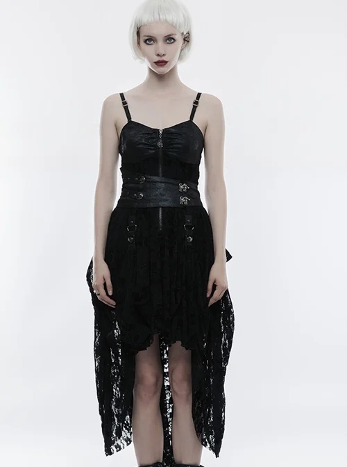 Gothic Black Or Brown PU Leather Punk Lace Hem Sling Dress