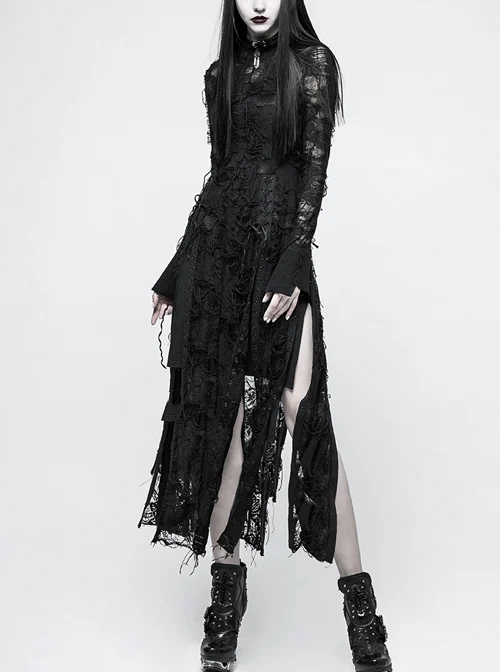 Gothic Black Retro Slim Lace Rope Long Sleeve Long Dress