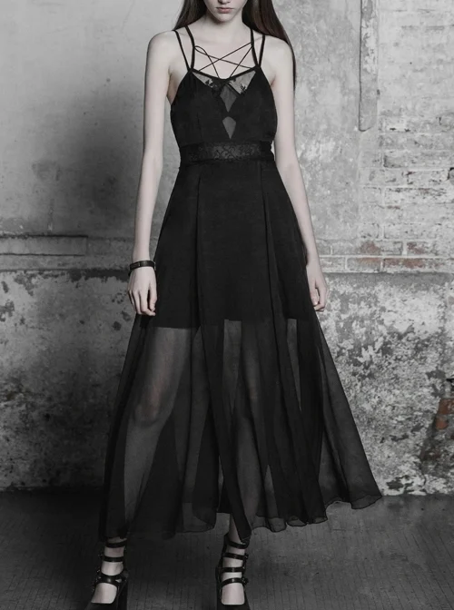 Gothic Black Sexy Lace Chiffon Backless Sling Dress