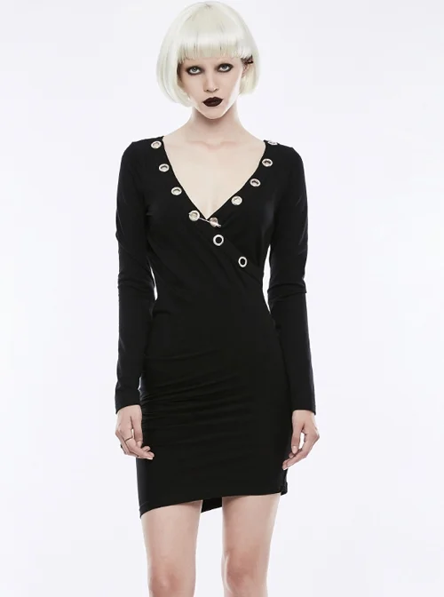 Gothic Black V-collar Sexy Punk Slim Simplicity Long Sleeve Dress