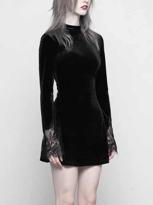 Gothic Black Velour Lace Stitching A-line Hem Long Sleeve Dress