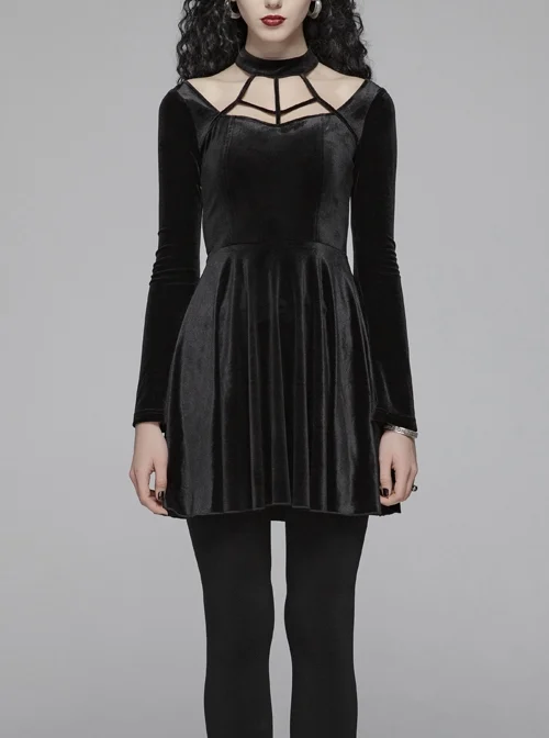 Gothic Daily Velvet Long Sleeve Black Dress