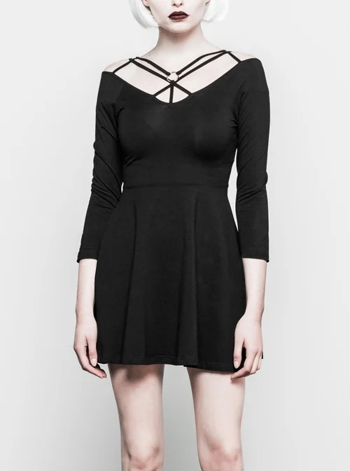 Gothic Female Black Elastic Strap Binding Close Fitting Dress