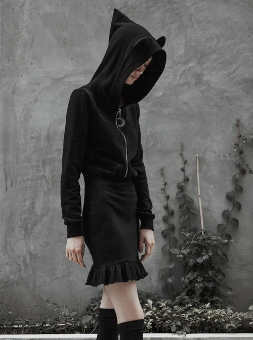 Gothic Female Black Hooded Lotus Leaf Hem Elastic Dress
