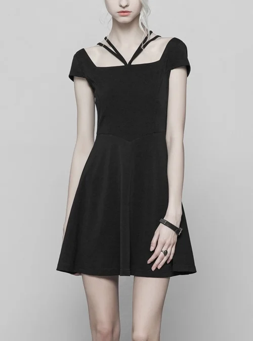 Gothic Female Black Lace Stitching High Waist Dress