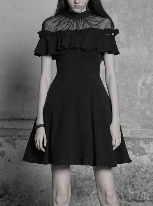 Gothic Female Black Lotus Leaf Stitching Lace Dress