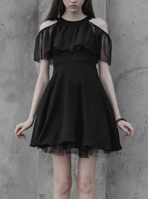 Gothic Female Elegant Black Lace High Waist Chiffon Dress