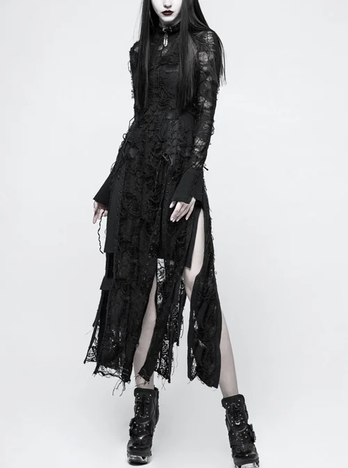 Gothic Female Retro Black Rose Lace-up Mesh Dress