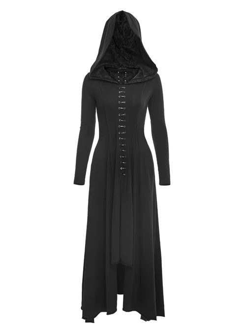 Gothic Hooded Irregular Hem Knit Long Sleeve Long Dress