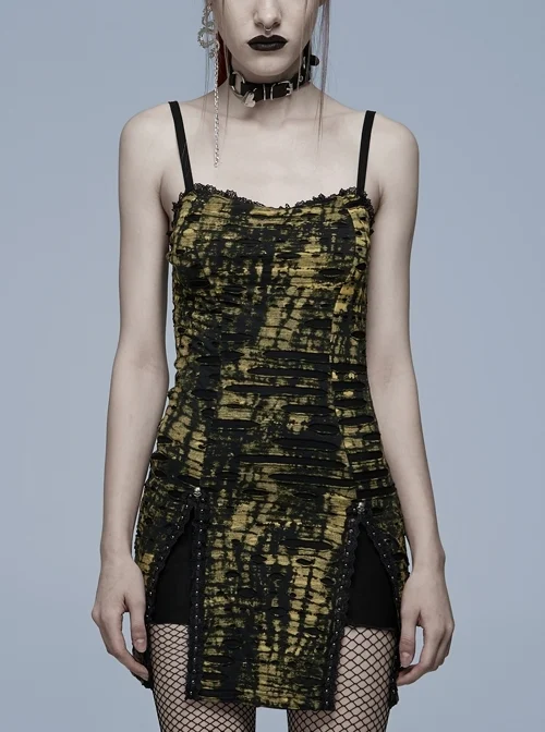 Gothic Knitted Hole Design Slit Metal Ghost Head Decoration Abstract Print Slip Dress