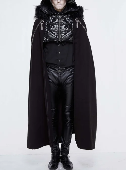 Gothic Metal Chain Decorated Black Jacquard Woolen Hooded Fur Collar Cloak