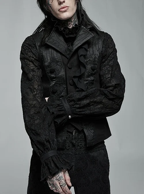 Gothic Noble Jacquard Embroidery Pleated Ruffle Delicate Buttons Decoration Black Vest