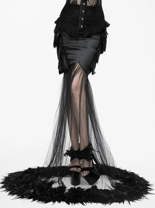 Gothic Party Dress Black Mesh Yarn Slim Half-length Fishtail Feather Hem Skirt