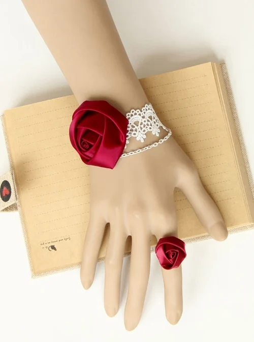 Gothic Red Rose White Lace Lolita Dress Bracelet Ring Set