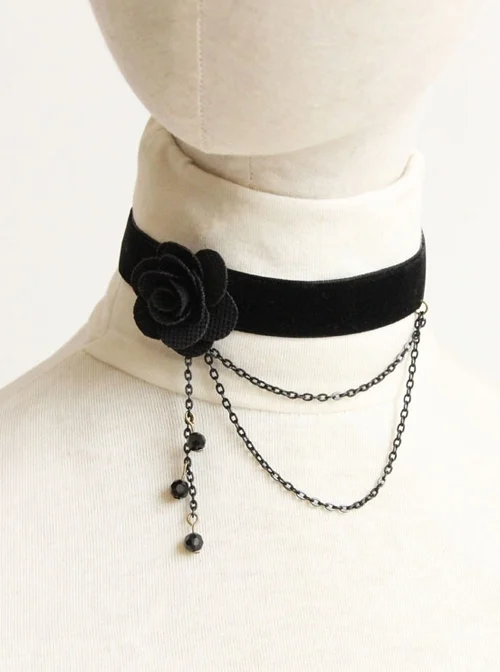 Gothic Retro Black Flower Tassel Velvet Rope Female Personality Necklace