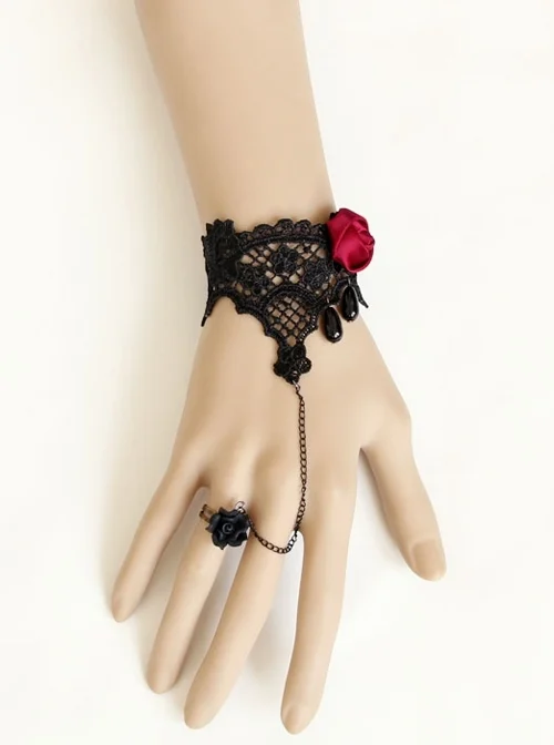Gothic Retro Black Lace Pearl Red Rose Vampire Bracelet With Ring