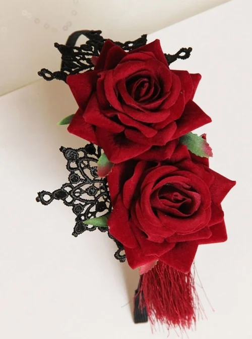 Gothic Retro Halloween Christmas Retro Red Rose Lace Tassel Headband