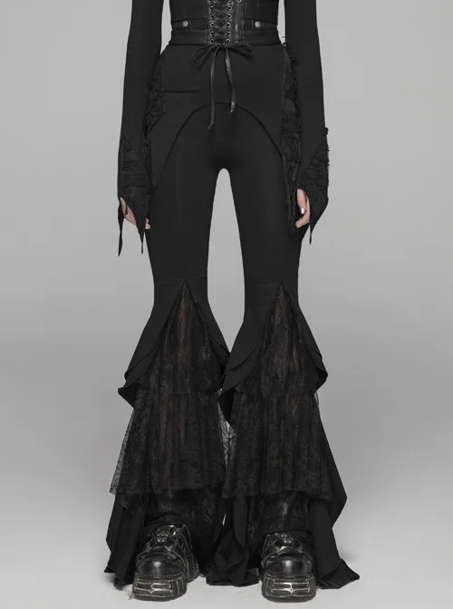 Gothic Stretch Knitted Fabric Lace Pleated Design Embroidered Print Decoration Big Pendulum Trousers