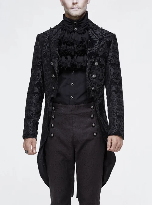 Gothic Thick Black Jacquard Split Design Basic Dress Coat