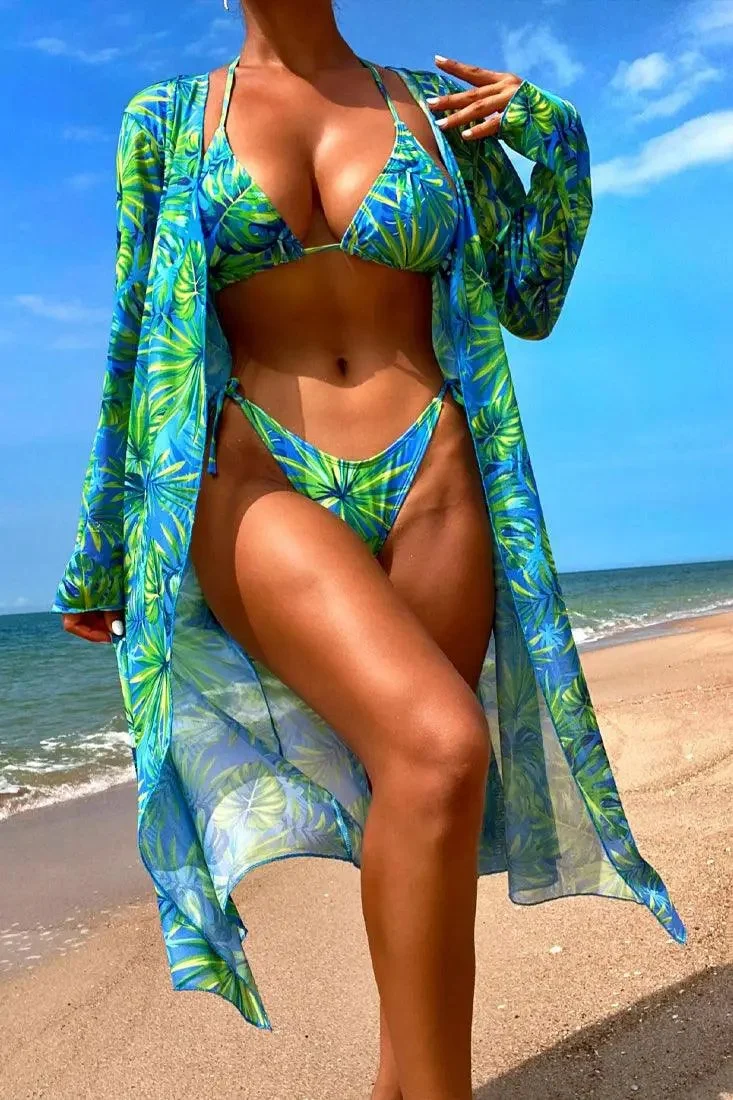 Green Tropical Print Triangle 3 Pc Kimono Cover-Up Sexy Swimsuit Set Bikini