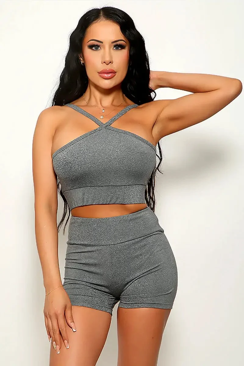Grey Halter Crop Top Booty Shorts Sexy 2Pc Work Out Yoga Set