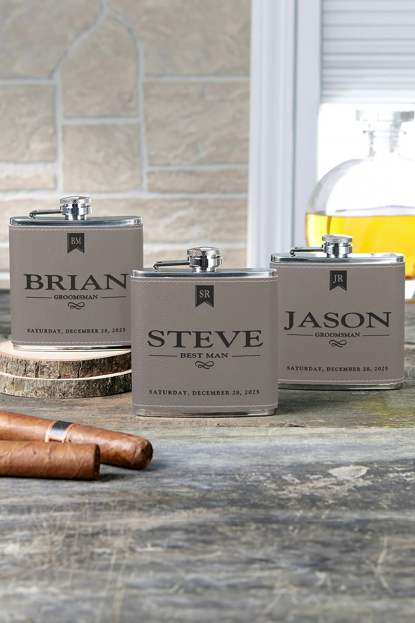 Groomsman Grey Leatherette 6 oz Personalized Flask