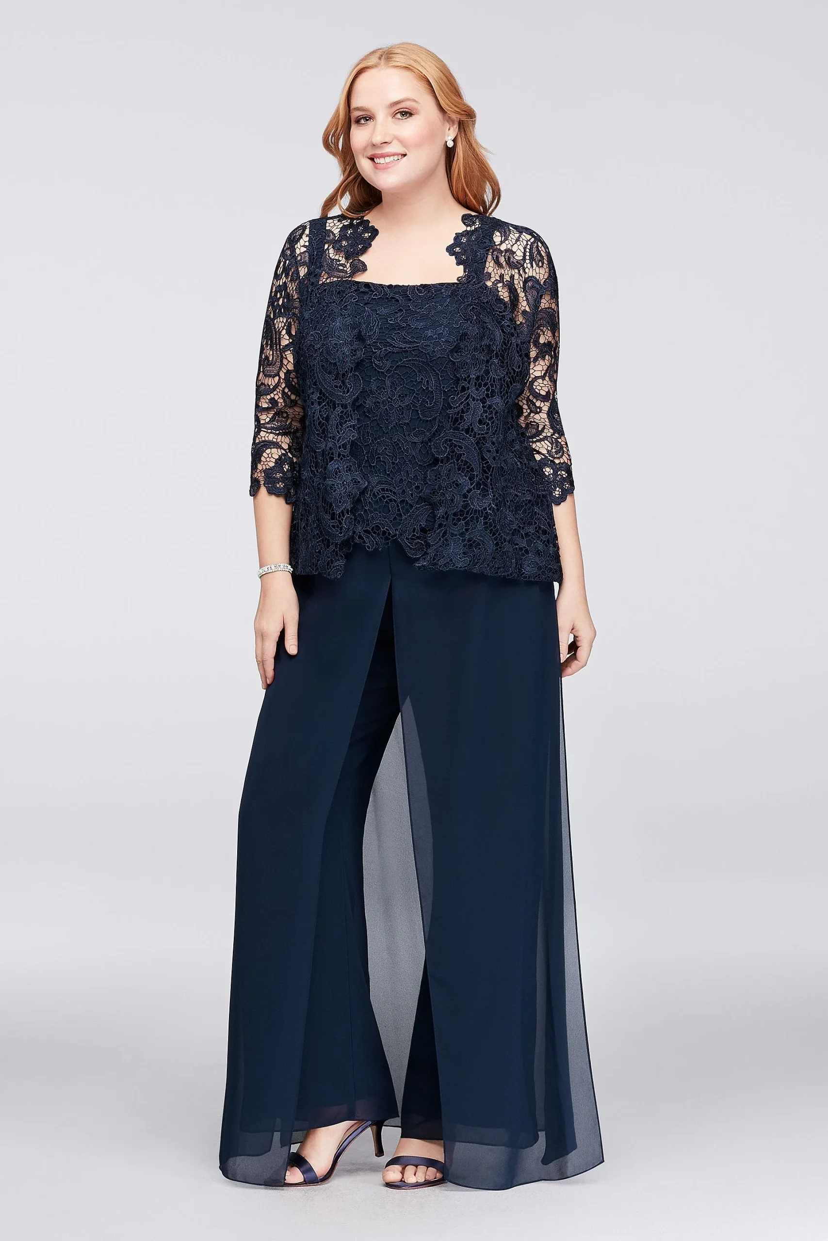 Guipure Lace and Chiffon Plus Size Pant Suit