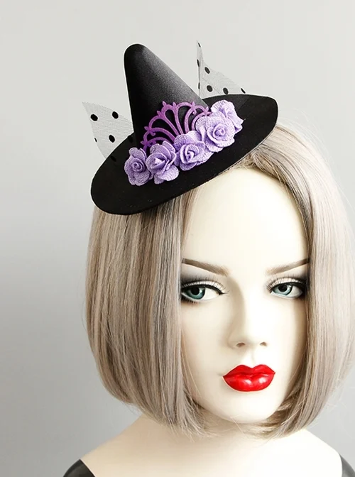 Halloween Female Gothic Retro Masquerade Party Black Mesh Purple Flowers Wizard Hat