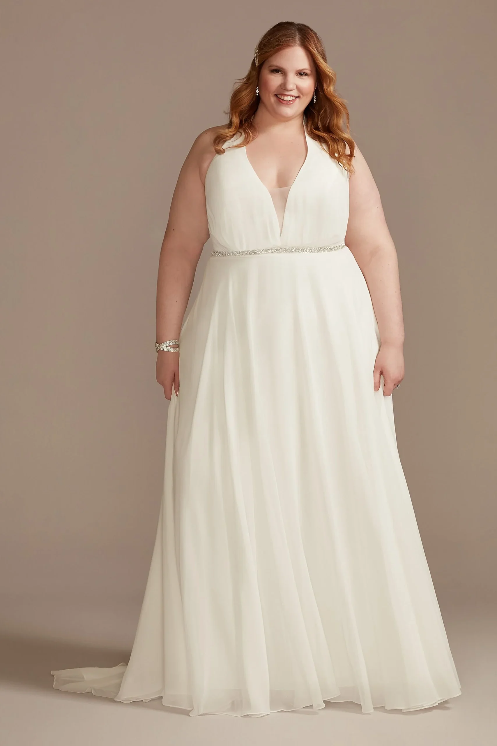 Halter Bead Waist Plus Size Wedding Dress