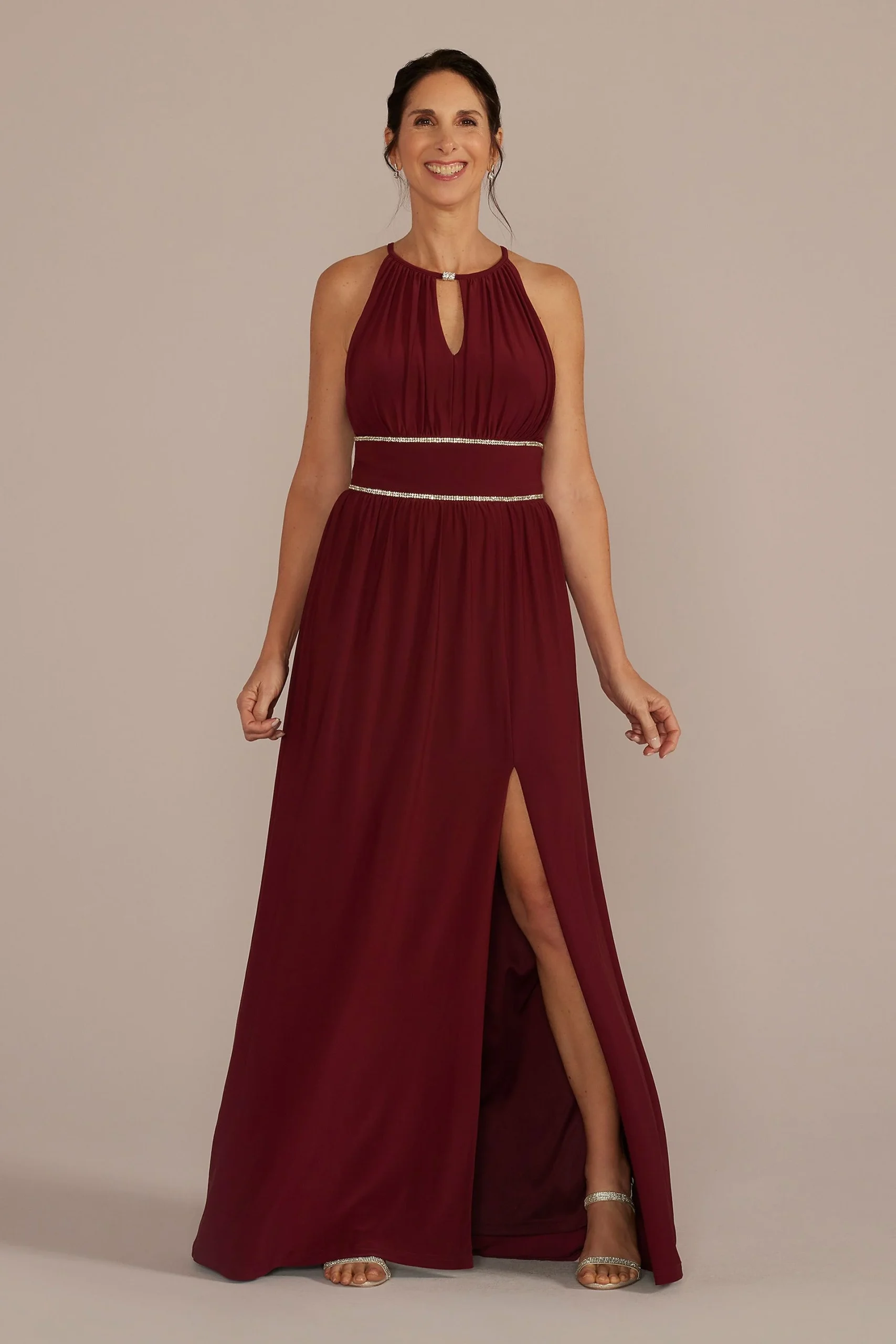 Halter Jersey Knit Gown Rhinestone Waist