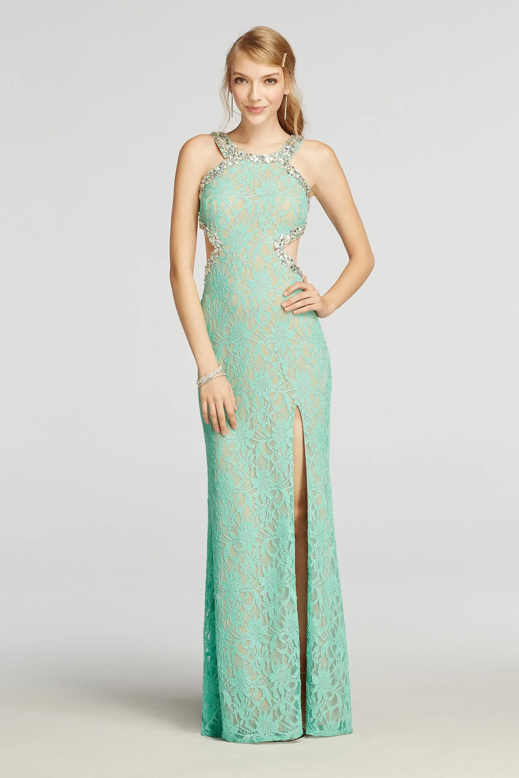 Halter Lace Prom Dress with Beaded Cut Outs
