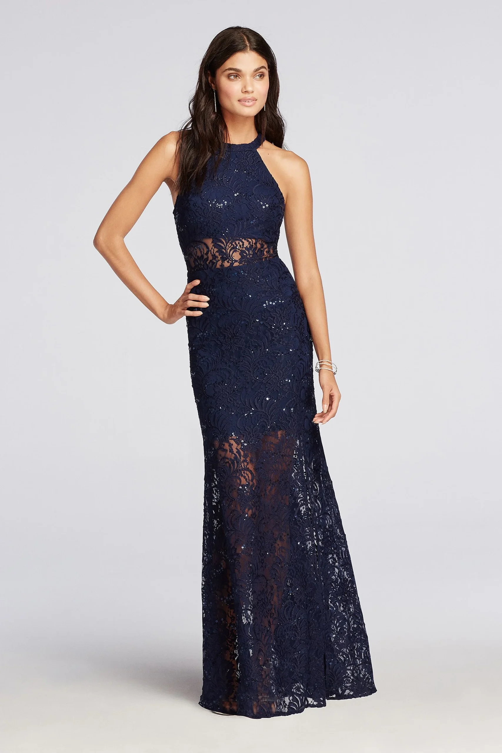 Halter Lace Prom Dress with Illusion Waist
