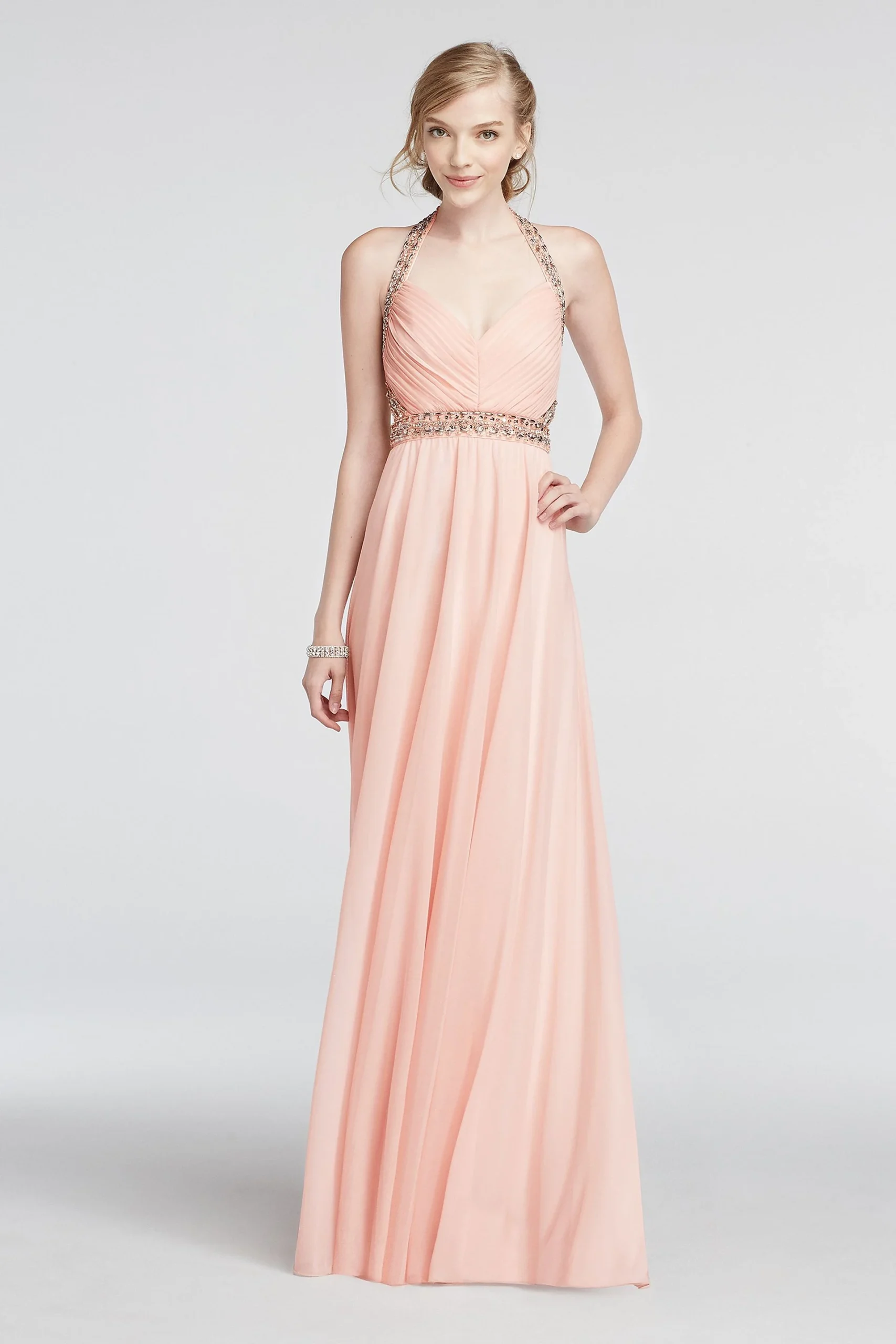 Halter Mesh Prom Dress with Beaded Waist