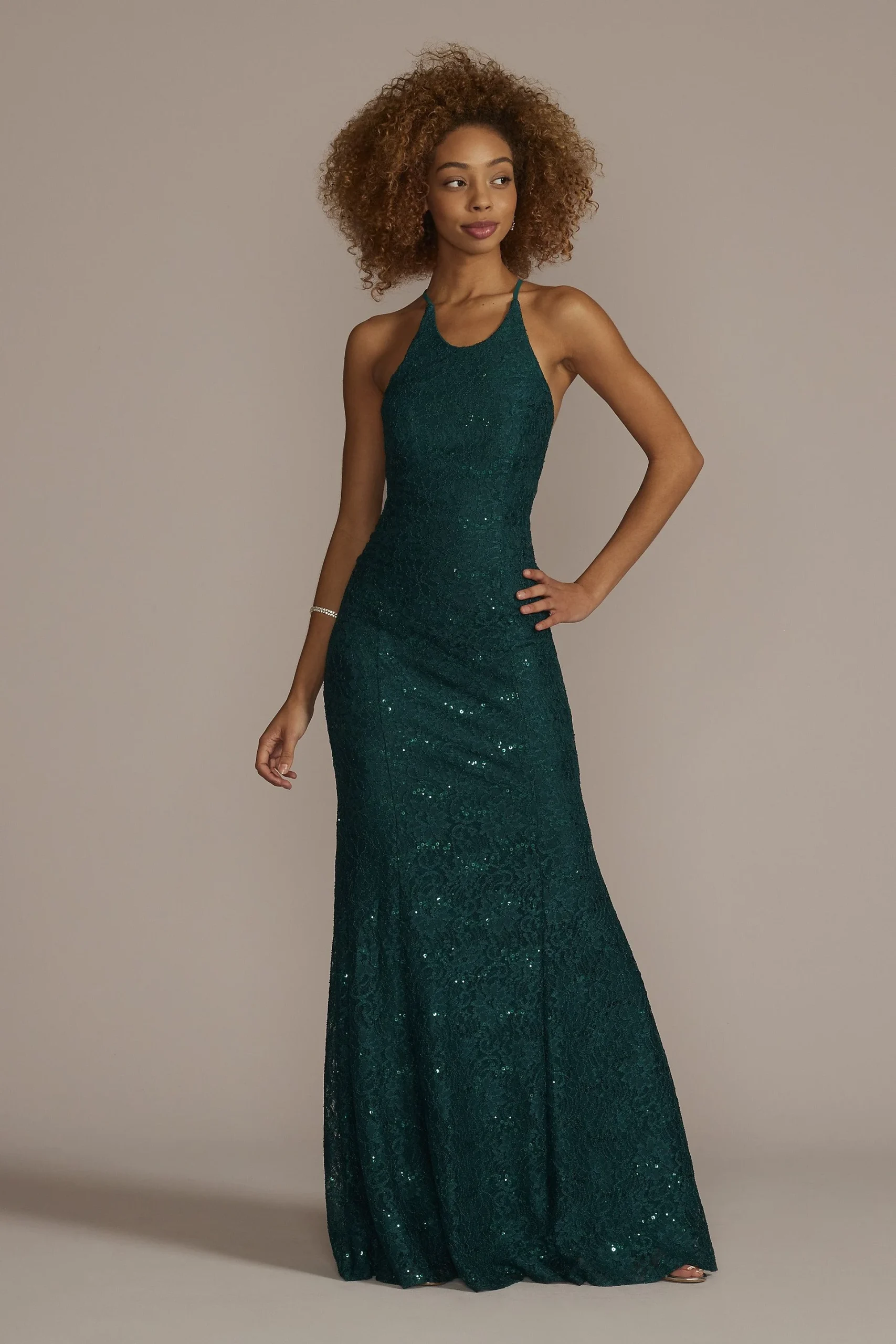 Halter Neck Glitter Lace Mermaid Gown with Godets