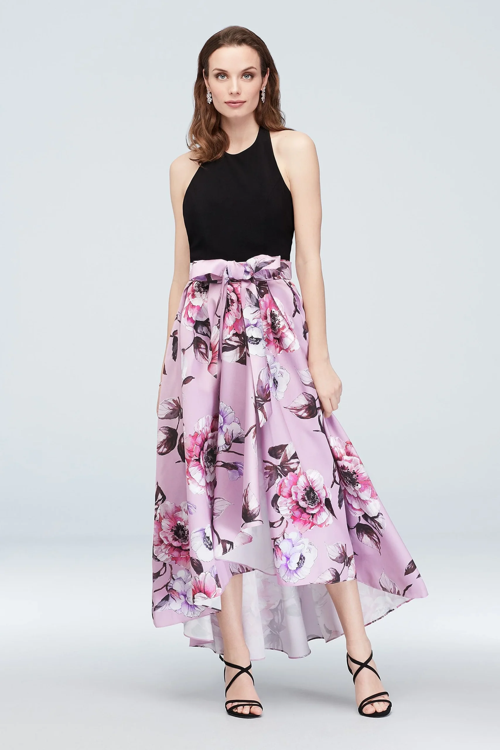 Halter Nigh-Neck Gown with Floral High-Low Hem