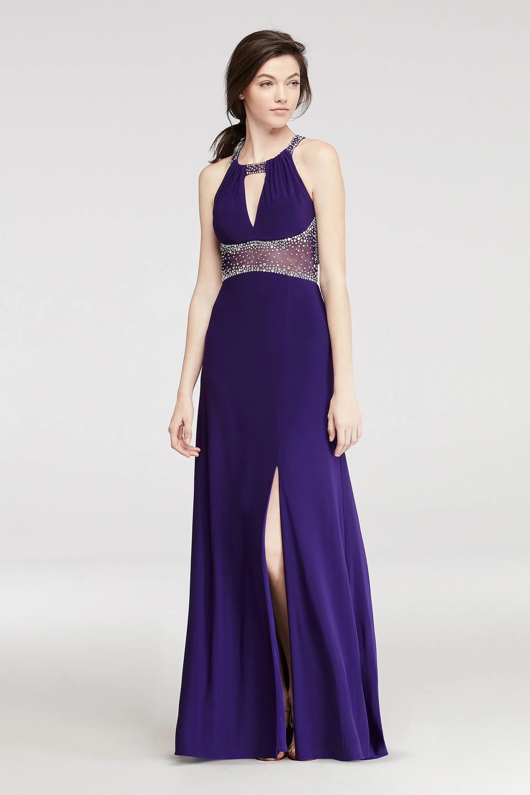 Halter Prom Dress with Beaded Illusion Waist
