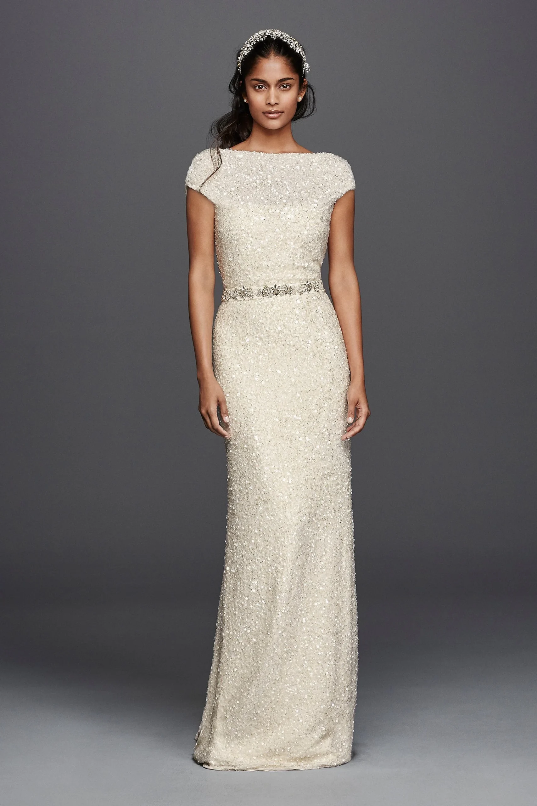 Hand Beaded Sheath Cap Sleeve Wedding Dress