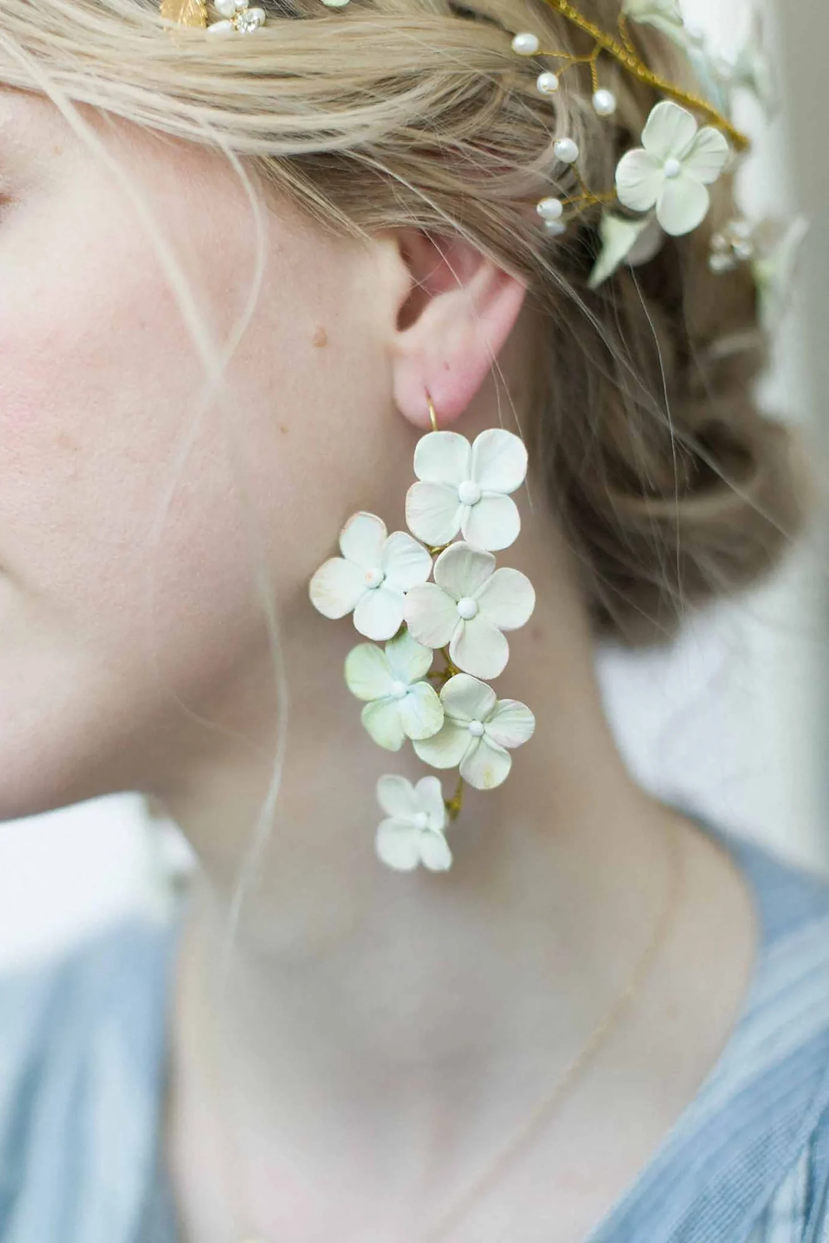 Handwired Asymmetrical Clay Hydrangea Earrings