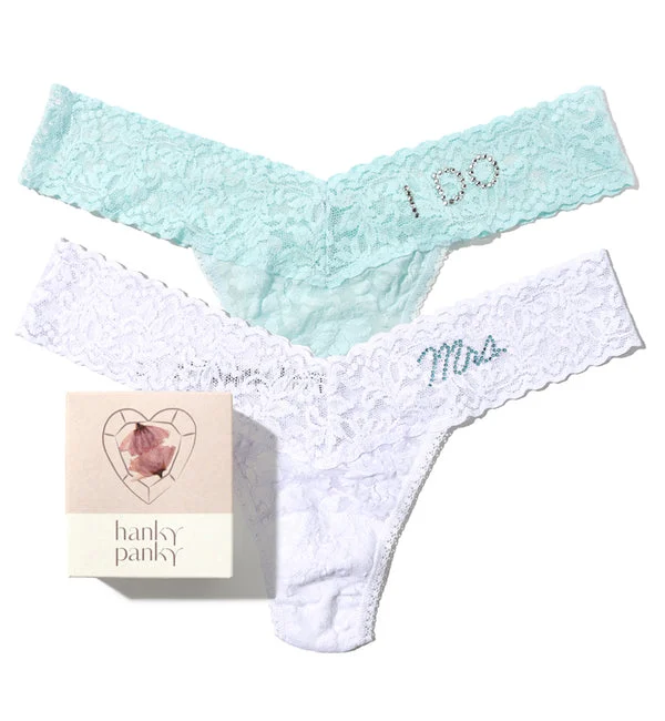 Hanky Panky Bridal I DO & MRS Low Rise Thong 2-PACK (49MRSBX) - White/Celeste