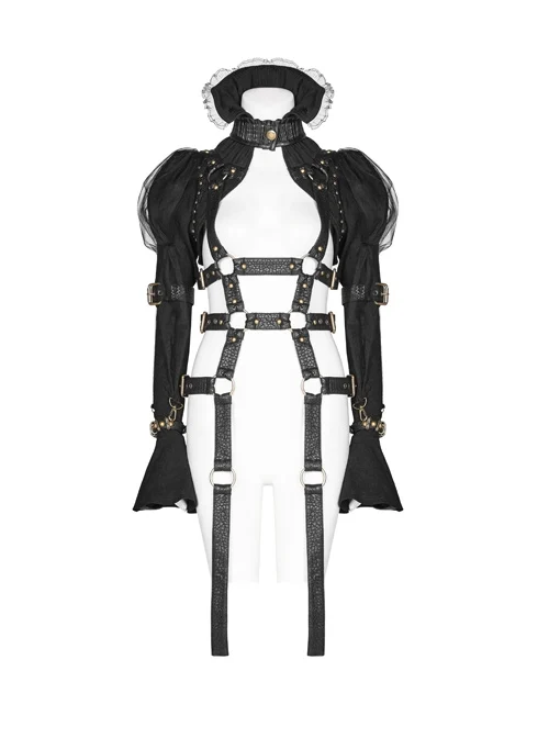 Hasp High Collar Metal Eyelets Leather Strap Bubble Sleeve Flare Cuff Black Punk Mesh Coat
