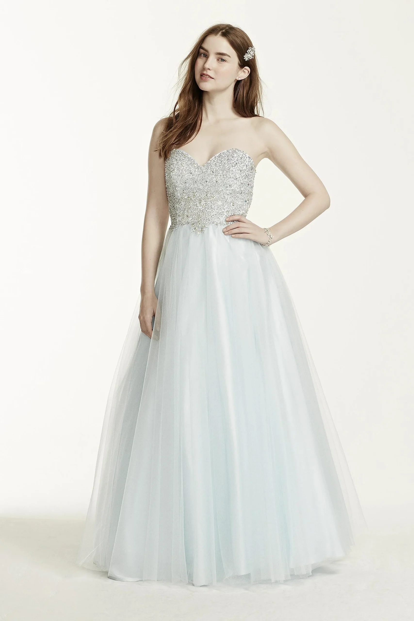 Heavily Beaded Strapless Tulle Prom Dress