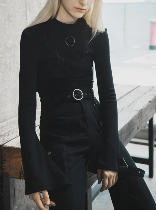 High Collar Chest Crossover Ribbon Small Horn Sleeve Black Short Skinny Gothic Shirt