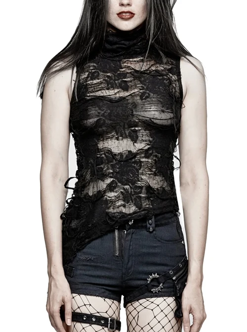 High Collar Elastic Irregular Broken Mesh Side Lace-Up Diagonal Hem Black Gothic T-Shirt