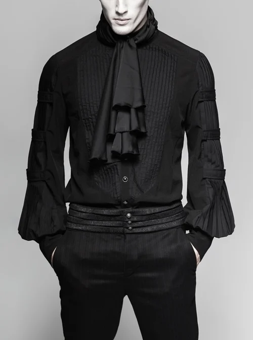 High Collar Flounce Neckline Press Pleated Lantern Sleeve Front Retro Metal Button Black Gothic Shirt