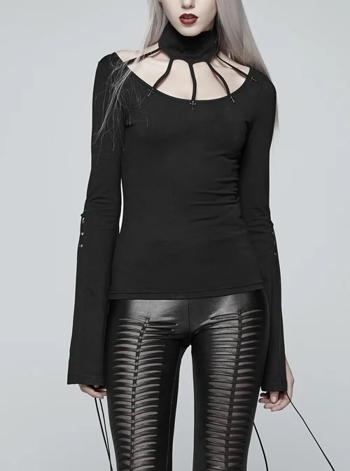 High Collar Front Chest Hollow-Out Knit Strip Open-Fork Horns Sleeve Leather Lace-Up Tassel Black Gothic T-Shirt