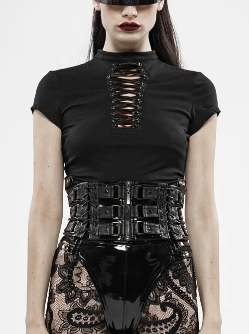 High Collar Front Chest Hollow-Out Lace-Up Short Sleeve Side Leather Hasp Balck Punk Short T-Shirt