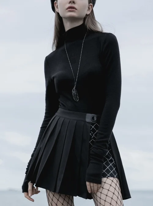 High Collar Front Chest Suede Cross Embossed Long Sleeve Black Punk Tight T-Shirt