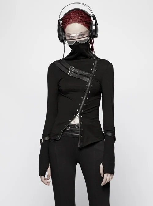High Collar Front Metal Eyelets Zipper Leather Hasp Long Sleeve Black Punk T-Shirt